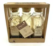 Vintage Honey Acres Pure Honey Glass Jar Bottles Beehive Corks Labels Wood Case