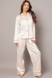 Beige Stripe Pj Set Satin Stripe Contrast Piping Pyjama - Size L, Women's Satin Set