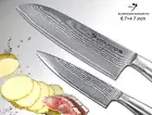 Japanese Damascus Santoku 6.7" + Small Chef's 4.7" Knife Set Full-Tang Design