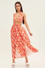Red Floral Maxi Dress Cutout Front Split - Size 10, Women's Maxi Dress