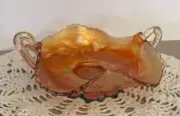 Fenton Strawberry Sprigs Bonbon Dish Marigold Carnival Glass With Handles
