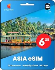 Asia Travel eSim Card - 6GB Fast Data for 15 Days in 28 Asian Countries. No Daily Limit. Easy Activation. Data Only International Travel e SIM Card for eSim Compatible Mobile Phone, Ipads and Tablets