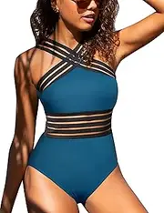 [Mycoco] Women's One Piece Swimsuit Crosscriss High Neck Bathing Suits High Waisted Monokini Swimwear