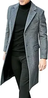 [Zylphorix] Men's Notched Lapel Faux Wool Coat Single Breasted Pocket Woolen Blend Jacket Winter Mid Long Business Outerwear
