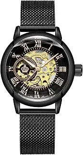 [MG. ORKINA] MG Orkina Original Women's Skeleton Dial Automatic Analog Wrist Watches with Braided Stainless Steel Mesh Band, black, Bracelet