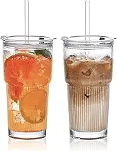 20oz Glass Tumblers with Lids and Straws, Set of 2 - Stylish Ribbed Design Drinking Glasses for Iced Coffee Cups, Juice, Smoothies, Cold Beverages, Includes Cleaning Brush, Durable Glassware