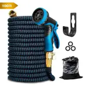 Expandable Garden Hose Water with10 Spray Nozzles Leak-Proof Blue100 Ft