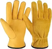 OZERO Leather Work Gloves Flex Grip Tough Cowhide Gardening Gloves for Wood Cutting/Construction/Truck Driving/Garden/Yard Working for Men and Women 1 Pair (Yellow)