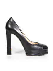 Black Leather Round-Toe CC Platform Heels