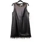 For Cynthia Mini Dress Women L Black Vegan Leather Feathers Sleeveless Shift NWT