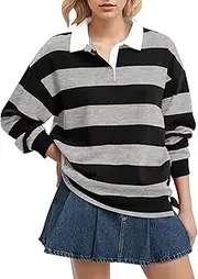 [Meladyan] Women’s Oversized Striped Polo Sweatshirt Long Sleeve V Neck Lapel Collared Polo Shirts 2024 Fall Pullover Tops
