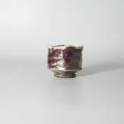 Shinsha red Irabo guinomi sake cup with wooden box. Keita Yamato. Hagiyaki.