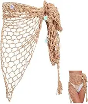 CABODYALS Hollow Out Crochet Cover Up Skirt 2025 Boho Triangle Mesh Beach Sarong Warp Shawl Knit Swimsuit Bikini Swimwear Bathing Suit Sequins Tassels Self Tie CoverUps for Women Summer Vacation