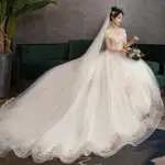 婚紗禮服 新款新娘結婚一字肩齊地珍珠拖尾婚高腰孕婦婚紗優雅 新款 一字肩婚紗