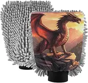 XYMZR Absorbent Microfiber Car Wash Mitt Rock Dragon Retro, Funny Cute Anime Scratch Free for Cars Cleaning, Home Cleaning Mitts, 2 Pack, 10.24” L x 7.09” W