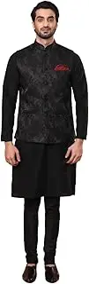 [KISAH] Men's Kurta Jacket Elastic Churidar Set, Silk Blend, Woven Design Regular Fit Mandarin Collar | Mens Ethnic Wear