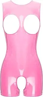 [Jugaoge] Women Open Bust Sleeveless Leotard Tops Wet Look Open Front Latex Catsuit Rave Party Clubwear
