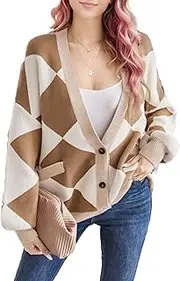 [Generic] Women's Orange Geometric Knit Cardigan - Modern Pattern Design with Blue Denim Styling