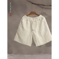 在飛比找ETMall東森購物網優惠-印素夏季薄款透氣大碼棉麻短褲