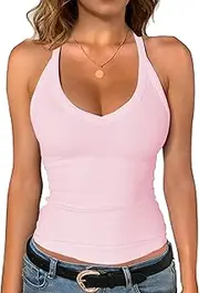 [Jar of Love] Women's Workout Tank Top with Built-in Shelf Bra-V-Neck Racerback Ribbed Cami for Gym, Yoga, Running