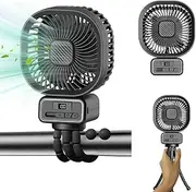 XIULIUU Portable Stroller Fan, 5000mah Desk Table Fan, Rechargeable Octopus Fan with Detachable Tripod, 3 Speed Portable Stroller Fan, 270° Moving Head and Night Light, Clip On Fan with LED Display