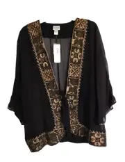 Chico's Artemisia Gwenyth Jacket sz 2 Black Semi sheer 3/4 sleeve tie front SILK