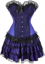 [FAWENLI] Fashion Sexy Vintage Corset Dress Women Purple Burlesque Lace Floral Buistier With Mini Lace Pleated Skirt Set