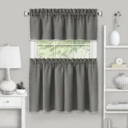 Modern Tailored Window Curtain Drapes, Rod Pocket Stitched Embroidery, Gray