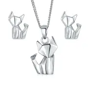 Origami Animals Kitten Cat Stud Earrings & Pendant Necklace Set Sterling Silver
