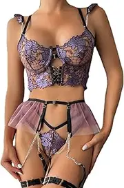 [ziciach] Sexy Lingerie Set for Women, Lace Garter Strapless Gown with Belt and Bra, Embroidered Flowers, Metal Hanging Chain, Purple