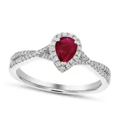 Pear-Shaped Ruby and 0.20 CT. T.W. Natural Diamond Frame Crossover Engagement Ring in Solid 18K White Gold