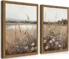 Wood Frame Vintage Wall Art Set of 2, Retro Farmhouse Wildflower Wall Decor Oil