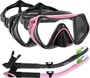WACOOL Snorkeling Package Set for Adults, Anti-Fog Coated Glass Diving Mask, Snorkel with Silicon Mouth Piece,Purge Valve and Anti-Splash Guard. (Black+Pink)