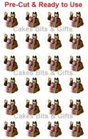 24 x MASHA & THE BEAR Edible Wafer Cupcake Cake Toppers PRE-CUT, Ready to Use