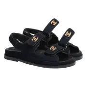 Chanel 21A Blue Velvet Denim CC Logo Mule Slide Strap Flat Teva Dad Sandal 35.5