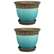 Southern Patio Cadiz 8" Crackled Ceramic Planter Pot w/Saucer, Teal (2 Pack)