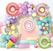 WODJR 139 PCS Donut Balloon Garland Party Decorations Kit - Doughnut Foil Balloons, Pink Yellow Rainbow Balloons for Ice Cream Party Supplies