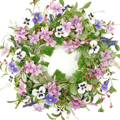 Spring and Summer Wreath with Pansy, Lamb's Ear, and Ivy for Home Decor