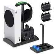 Upgraded Cooling Stand for Xbox Series S Console with Controller Charging Station - Dual Powerful Cooling Fan & Controller Charger Dock with 2 X 1400Mah Rechargeable Batteries, Headset Holder for XSS