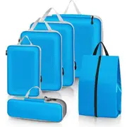 6Pc Compressed Luggage Packing Cube,Travel Storage Organizer Set with Shoe Pouch,Mesh Visual Luggage Bag For Portable Lightweight Suitcase Color Blue