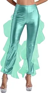 Yeahdor Women Retro 70s Disco Hippie Costume Metallic Shiny Bell Bottom Flared Pants with Ruffle Organza