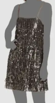 $995 Alice + Olivia Women's Silver Chicago Sequined Fringe Mini Dress Size 2