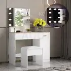 Dressing Table Dresser Makeup Vanity Table Stool Set with Mirror&LED Light White