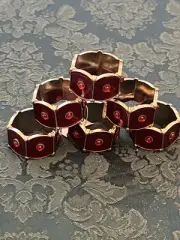 Set Of 6 Pottery Barn Napkin Holder Rings Enamel Red Jewels Hexagon