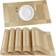 FGSAEOR Placemats Set of 6, Place Mats for Kitchen Dining Table, Heat-Resistant Anti-Skid Stain Washable PVC Table Mats, Easy to Cleaning Woven Vinyl Dinner Mats, Gold