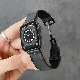 瘋馬真皮磁吸錶帶 蘋果手錶錶帶 apple watch錶帶 iwatch SE 1-9代通用 Ultra 高級男款錶帶