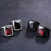 AU Biker Punk domineering Black Red carved stone Titanium Stainless Steel Ring