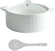 WEMUBSU Ceramic Serving Soup Tureen with Glass Lid and Ceramic Ladle Set 2L Large Porcelain Serving Soup Bowls for Home Kitchen Restaurant Decoration, White, 2 Quart, Modern
