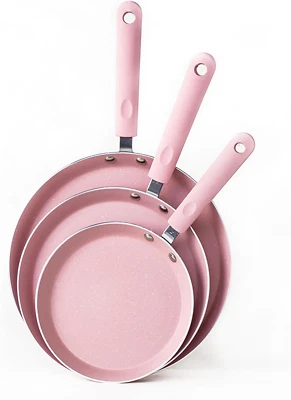 3Piece Nonstick Frying Pan Set Pink Cookware 10" 8" 6" Non Stick Pans All Stoves