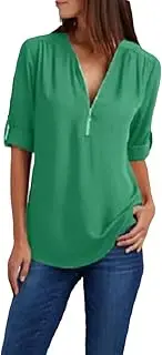 [Suhorseful] Womens Half Zip Up Shirts Chiffon Casual Long Sleeve Solid Color Blouses Office Work Golf Polo Tshirt, Light Green, Large